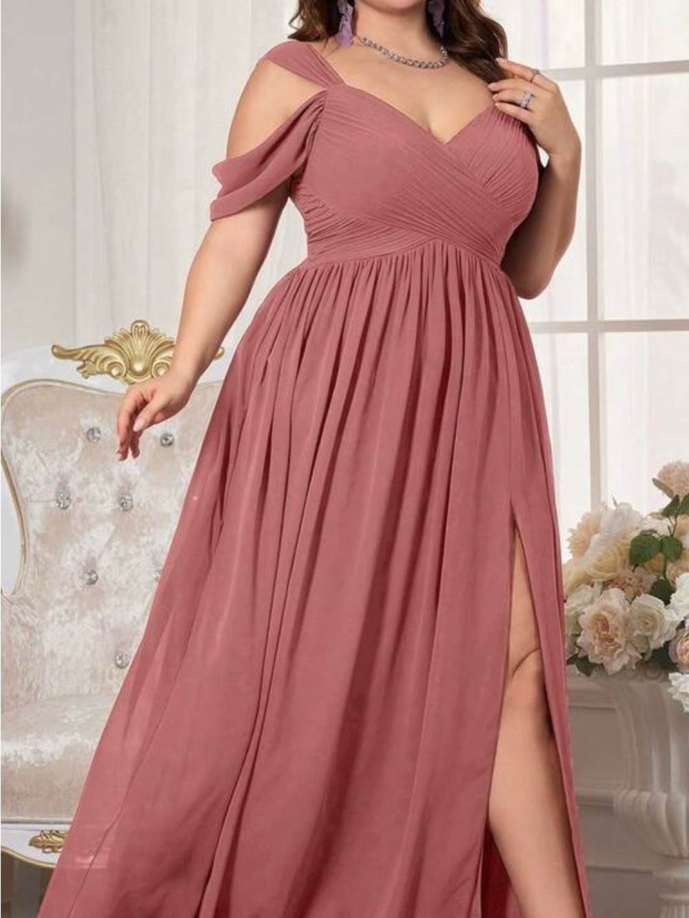Plus Size Dusty Rose Cold-Shoulder Chiffon Maxi Dress